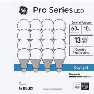GE Pro Series 60 -Watt EQ A19 Daylight Medium screw base E26 Dimmable LED General purpose Light Bulb 16 -Pack