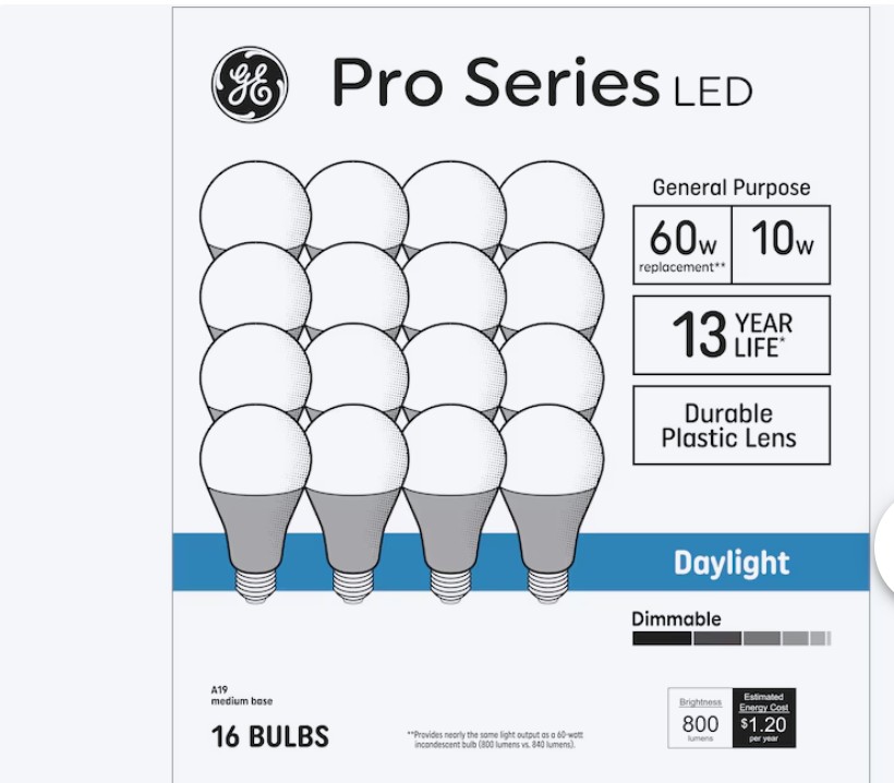 GE Pro Series 60 -Watt EQ A19 Daylight Medium screw base E26 Dimmable LED General purpose Light Bulb 16 -Pack